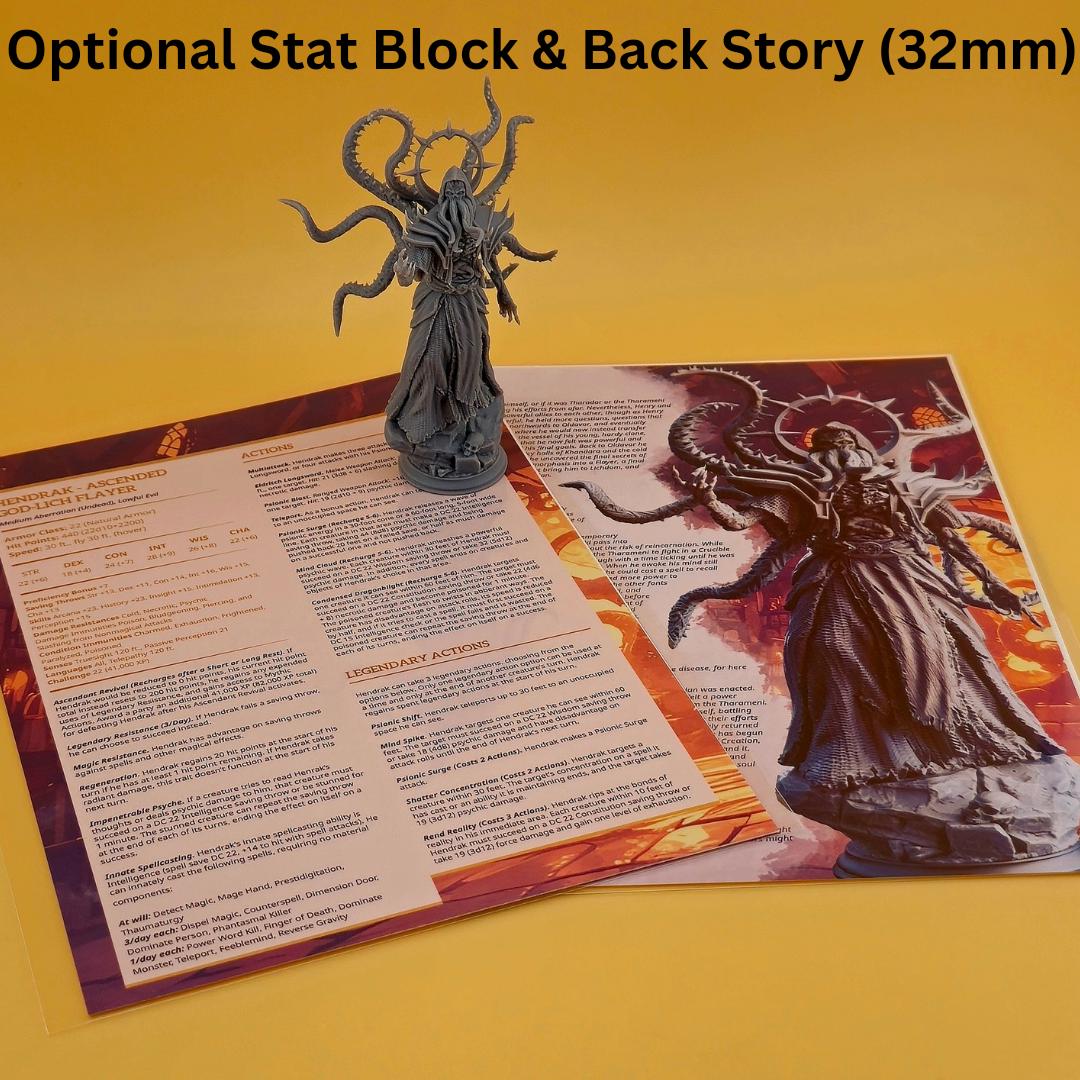 The optional 5E compatible stat block & back story - comes printed off of a professional photo printer on 5x7 photo paper and placed in a clear protective sleeve. Most minis have 2 pages (1 sleeve, front & back) however some have 4 pages (2 sleeves).