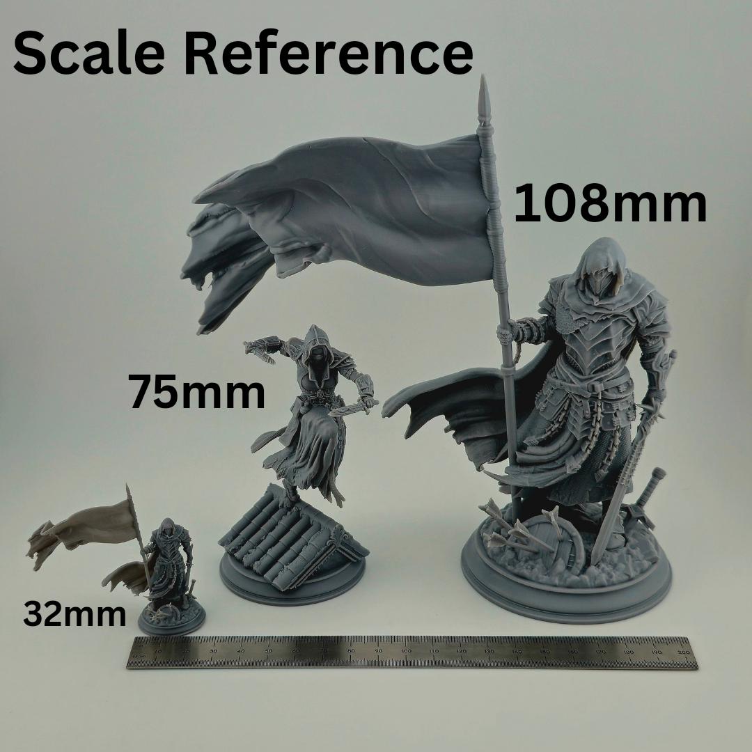 A size reference for the different scale options I have available. Keep in mind these are human type minis and the actual size within each scale option will vary depending on what the mini is representing. Not all minis are available in 75mm or 108mm